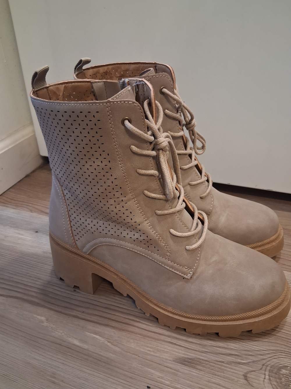 Sugar Taupe Lace-Up Perforated Ankle Boots